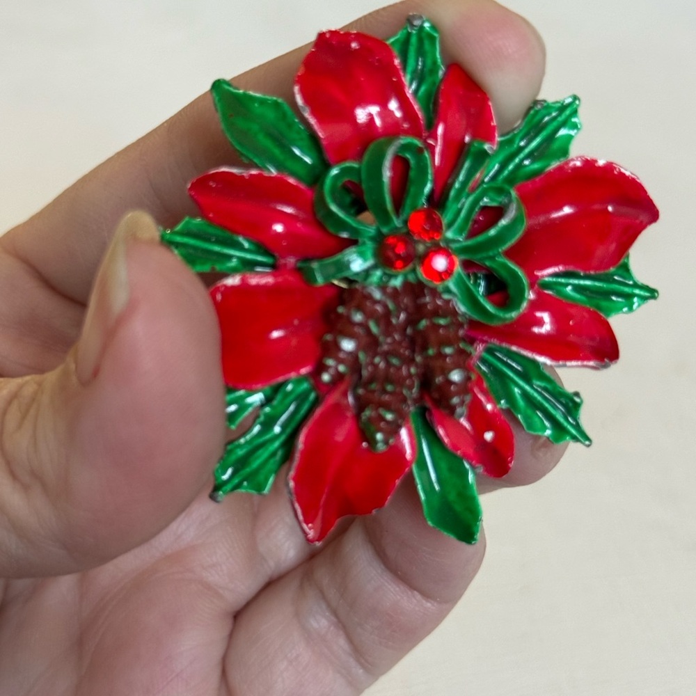 Vintage Red and Green Flower Christmas Brooch